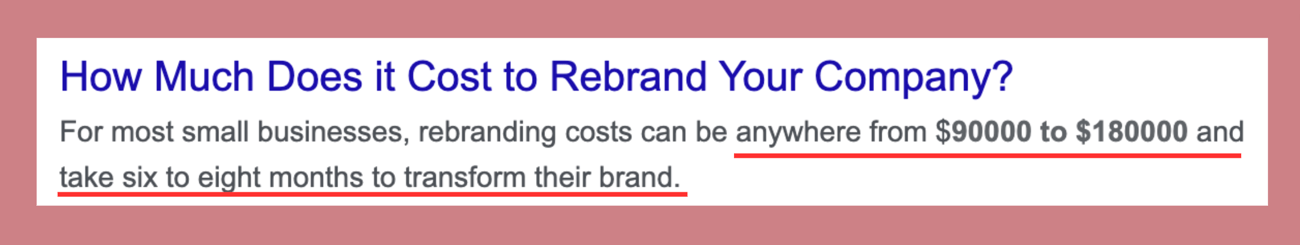 “For most small businesses, rebranding costs can be anywhere from $90,000 to $180,000 and take six to eight months to transform their brand.”