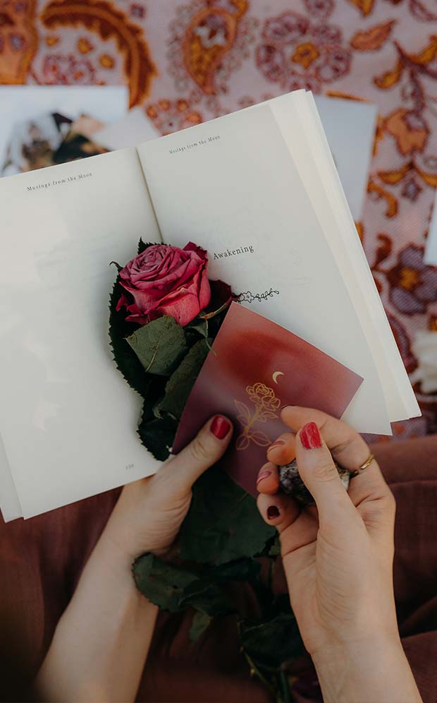 Hand holding book, rose, crystal and illustration card